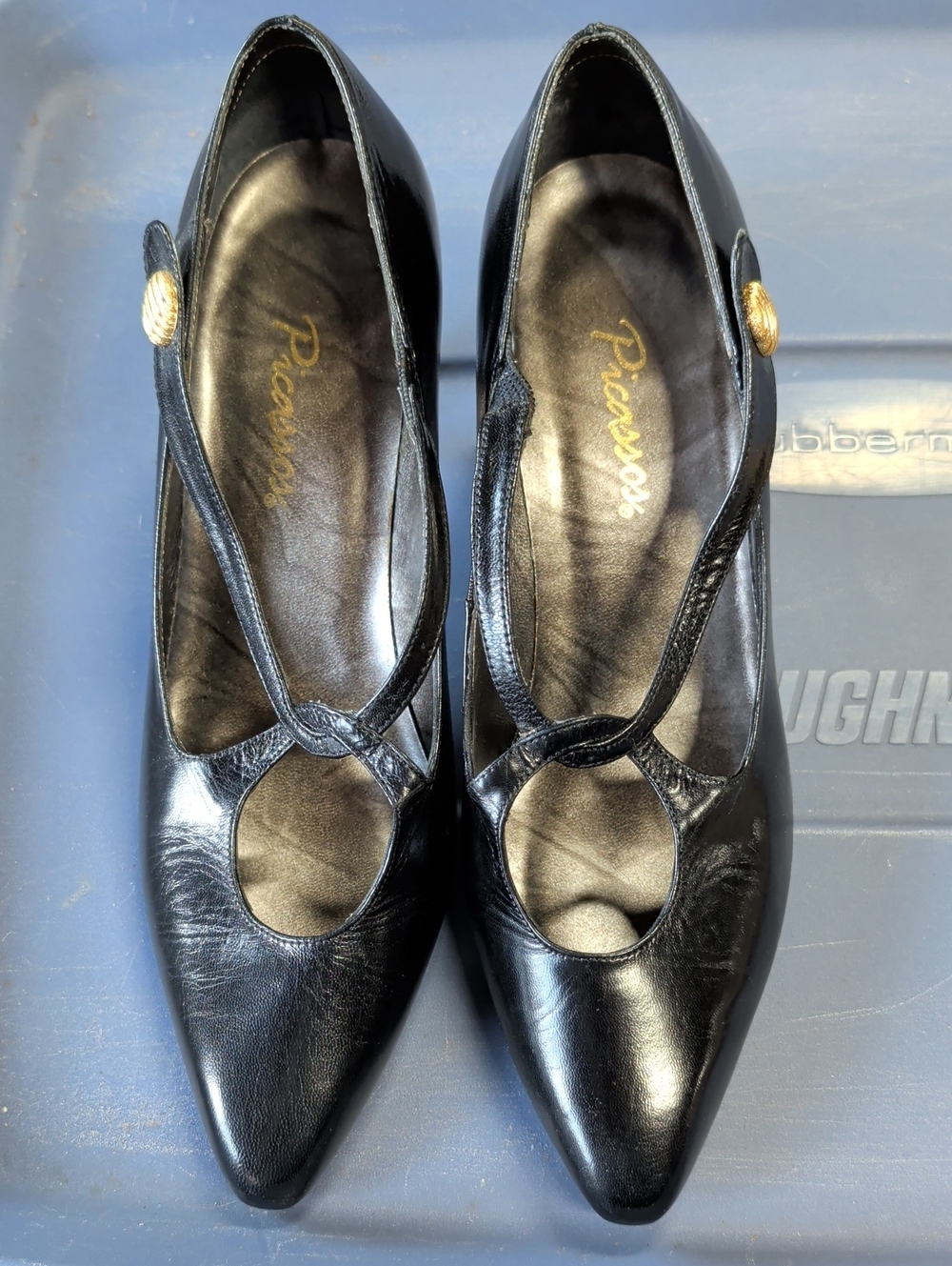 Vintage Picassos Black Leather Pointed-Toe Mary Jane Pumps